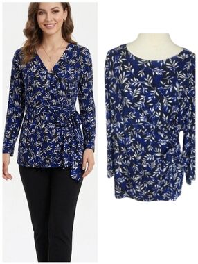 Kasper Floral Faux Wrap Blouse Blue, White and Black Women's Top Plus Size 2X